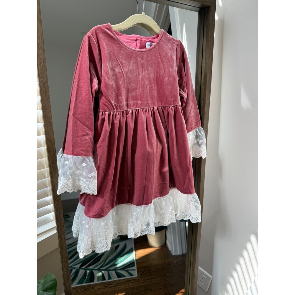 Abby & Evie Kids Girls Velvet Dress Long Sleeve Lace Trim Tiered Size 6 Pink New